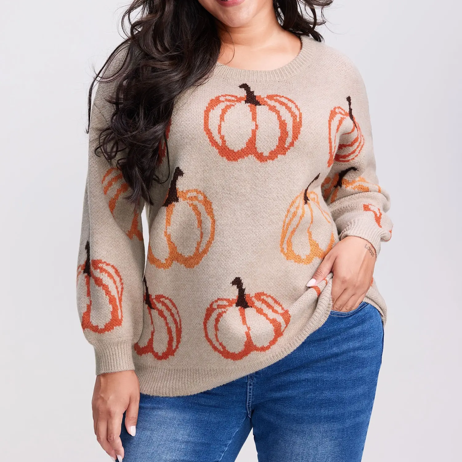 BloomChic Women's Plus Size Pumpkin Print Jacquard Knit Sweater - Long Sleeve Crew Neck, Soft Cute Relaxed Fit, Polyester Nylon Fabric, Hand Wash, Fall Pullover Knitwear, Plus Size Fashion, Curvy Clothing, Women's Tops, Thanksgiving Essential，SohoChic