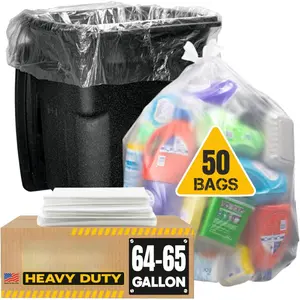 65 Gallon Clear Trash Bags Heavy Duty (MegaPack 50 Bags w/Ties) 64 Gallon  Clear Plastic Recycling Garbage Bags