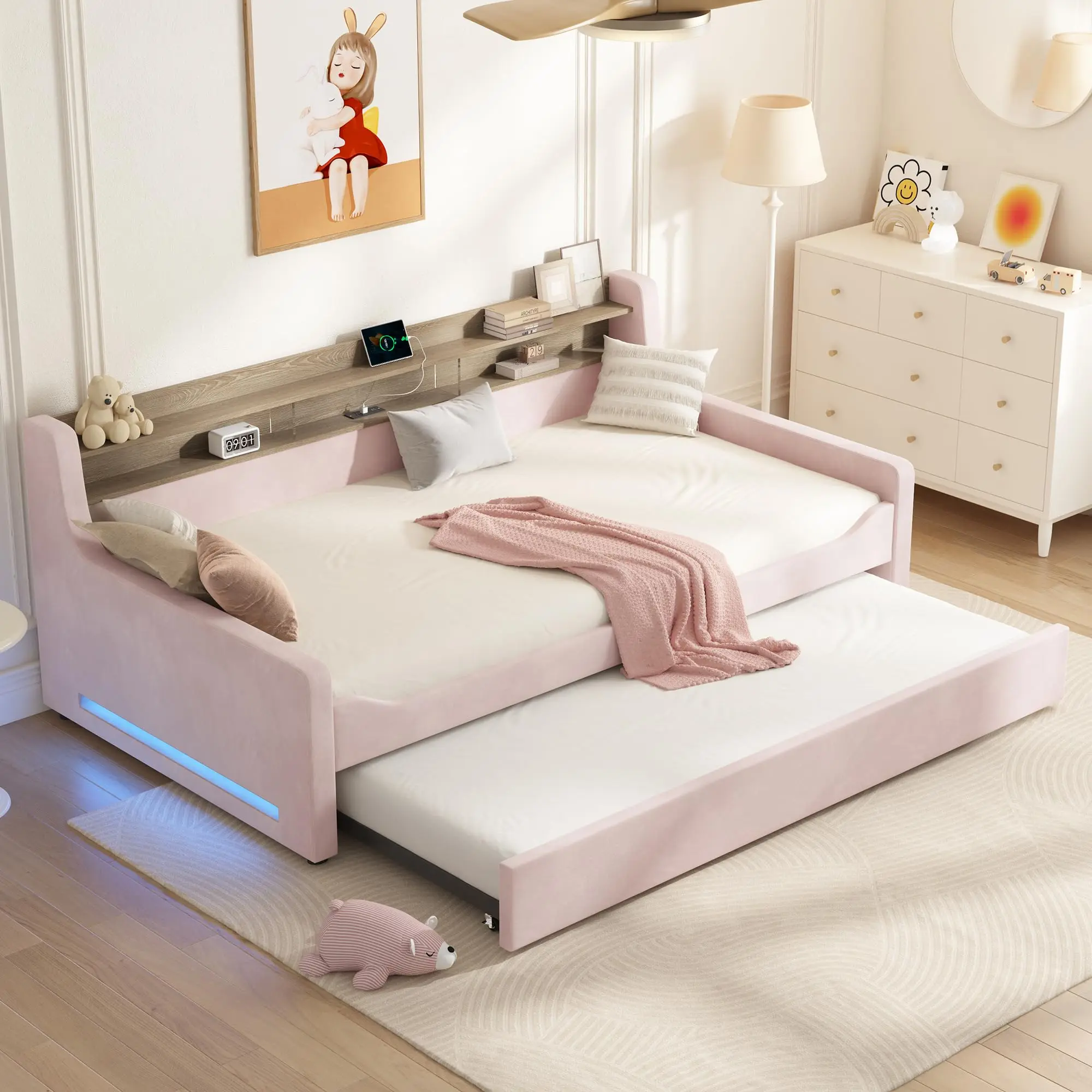 [SummerSale] ALBOTT Twin Upholstered Velvet Storage Bed with Pull-Out Trundle, LED Lights, USB Port, Storage Headboard, 78.4 in L x 44.5 in W x 31.9 in H, Space-Saving for Bedroom, No Box Spring
