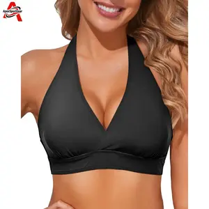 Women Halter Bikini Top Push Up Swimsuit Top Only,  Tie Back Supportive Bathing Suit Top for Beach Pool Vacation, Stylish Swimwear Top for Women fashion adjustable bottom Women's Classic Color Bikini Set
