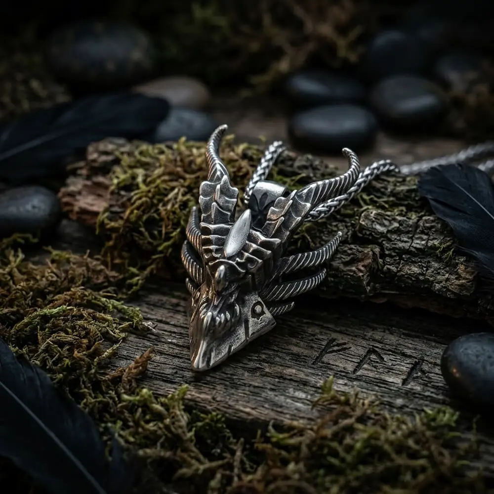 GTHIC Vintage Evil Dragon Head Durable Stainless Steel Statement Necklace, Fashion Gothic Artificial Gemstone Pendant for Men, Casual or Event Looks, Gothic Artificial Gemstone Necklaces & Pendants