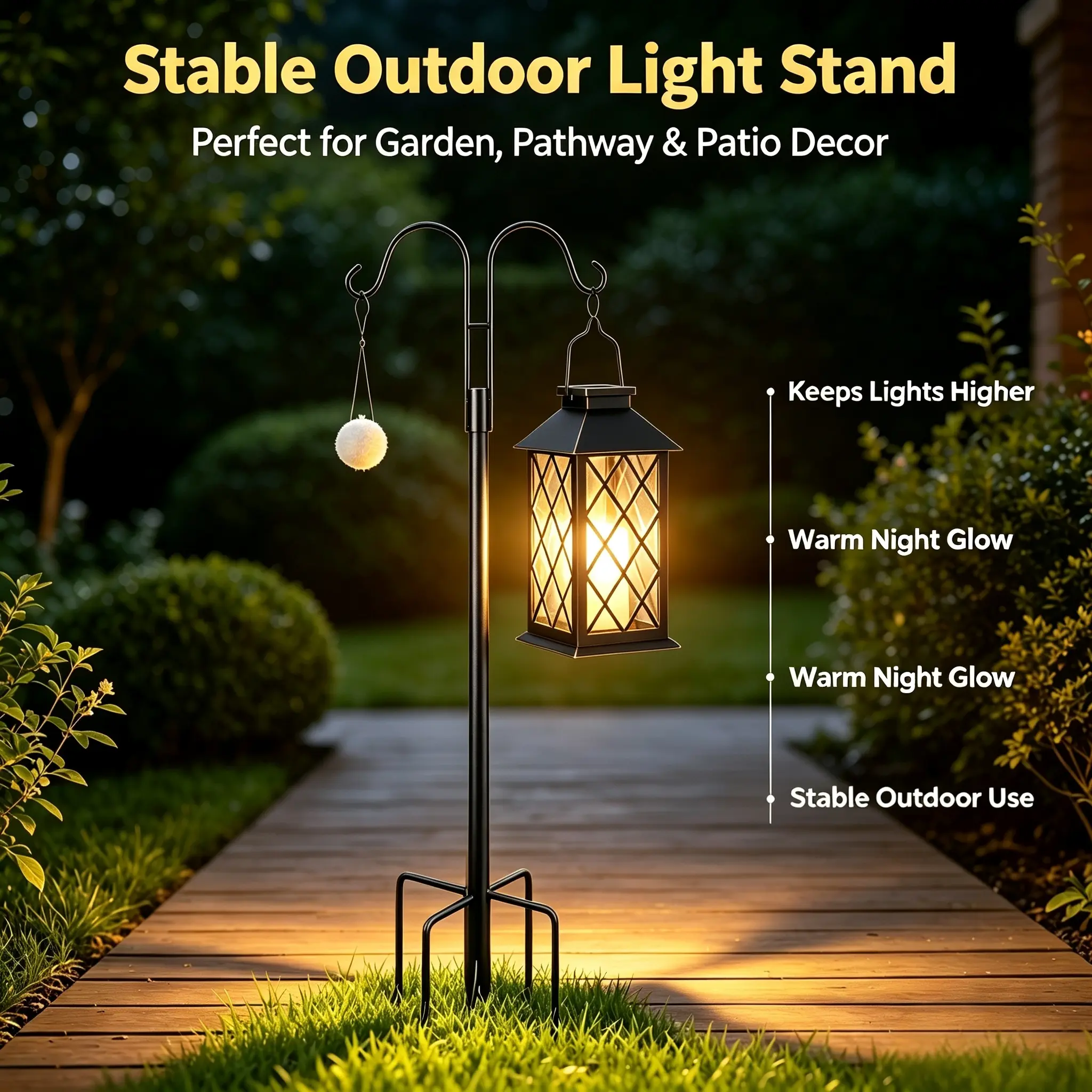 8-Pack Adjustable Height Stainless Steel Double Shepherd Hooks (60in), Heavy Duty Outdoor Rustproof Garden Hanging Stands with 4-Prong Base for Bird Feeders, Flower Baskets, Solar Outdoor Lights, Lawn/Sod, Multi-Hang Support