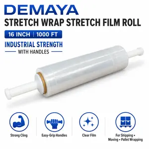 DEMAYA Stretch Wrap Stretch Film Roll, 1000ft Industrial Strength 16 Inch Wide Clear Plastic Wrap with Handles for Pallet Wrapping, Shipping, Moving & Storage