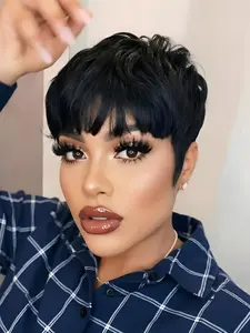 pixie cut human hair wigs short straight human hair wig machine made for women daily party cosplay gift use Party holidays gift wig pixie cut wig ﻿brown burgundy natural black color