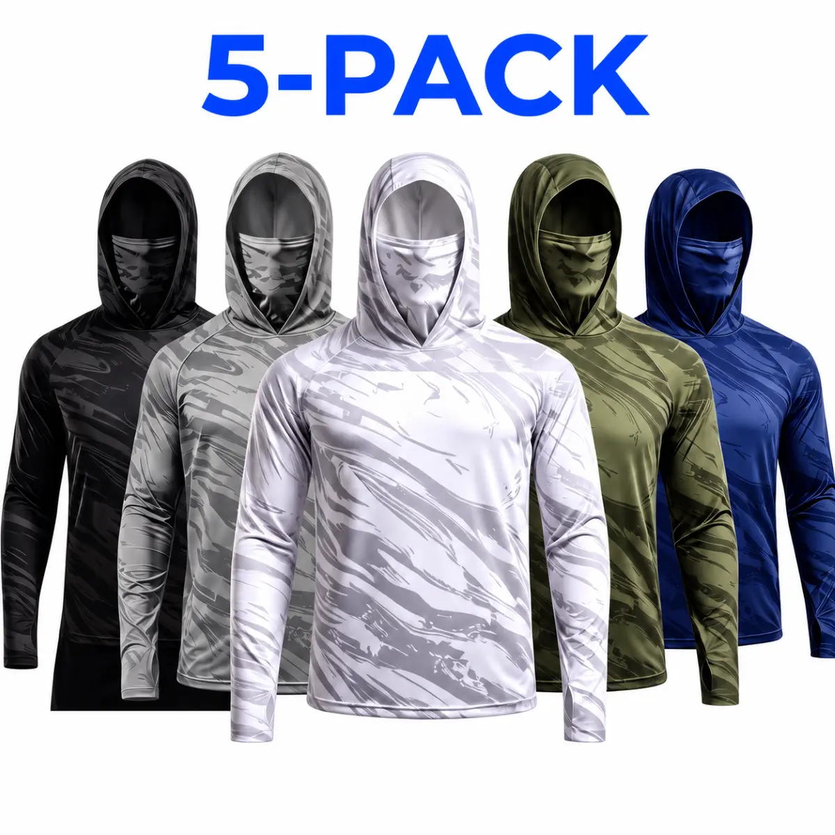 Men's Streetwear Hoodies 5-Pack, Long Sleeve Polyester Performance Shirts with Face Mask, Thumb Holes & UPF 50+ for Outdoor Sports, Streetwear Outfits, Hunting/Fishing, Male Wear, Polyester Fiber, Stretch, Cold Machine Wash, Upf Uv Block