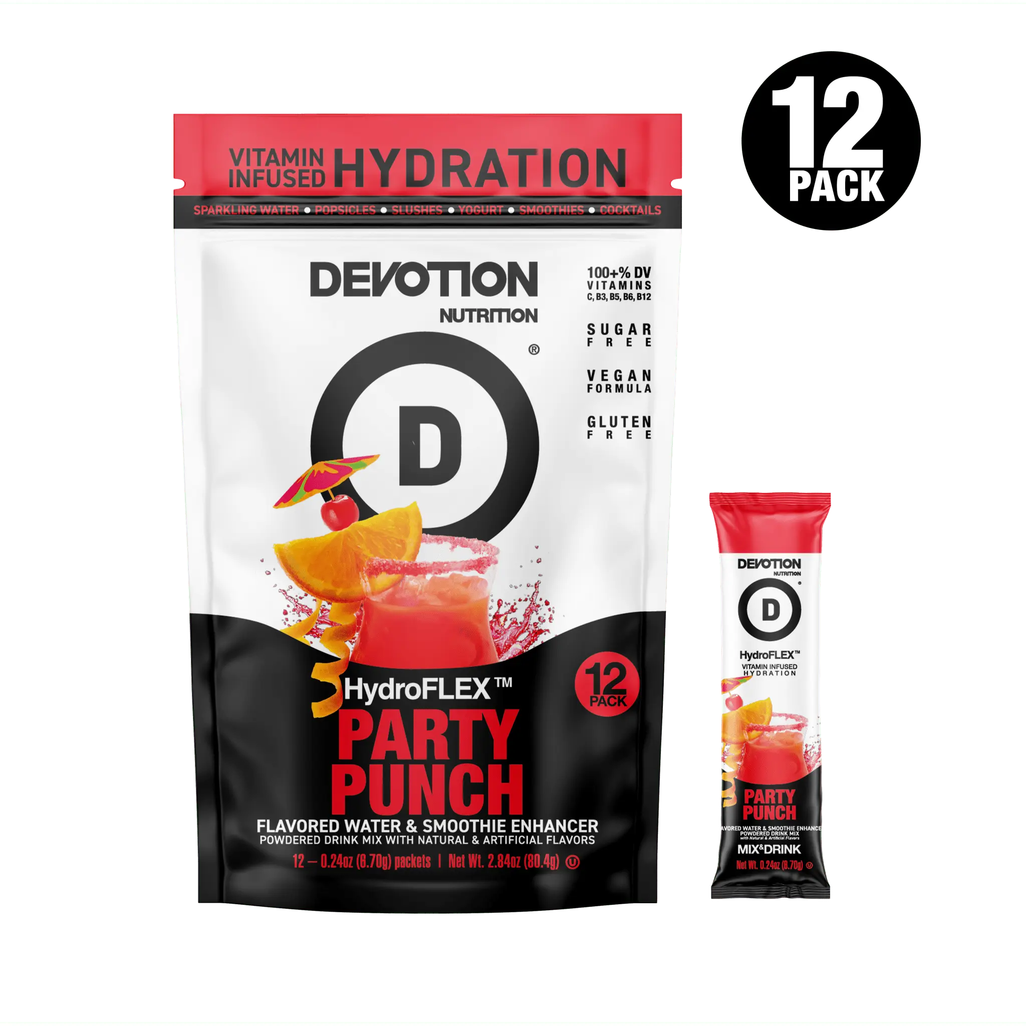 Devotion Nutrition HydroFLEX Vitamin Infused Hydration | 12-PK Party Punch, Water Flavors, Powdered Drink Mix, Dye Free Devotion Nutrition HydroFLEX Vitamin Infused Hydration | 12-PK Party Punch, Water Flavors, Powdered Drink Mix, Dye Free