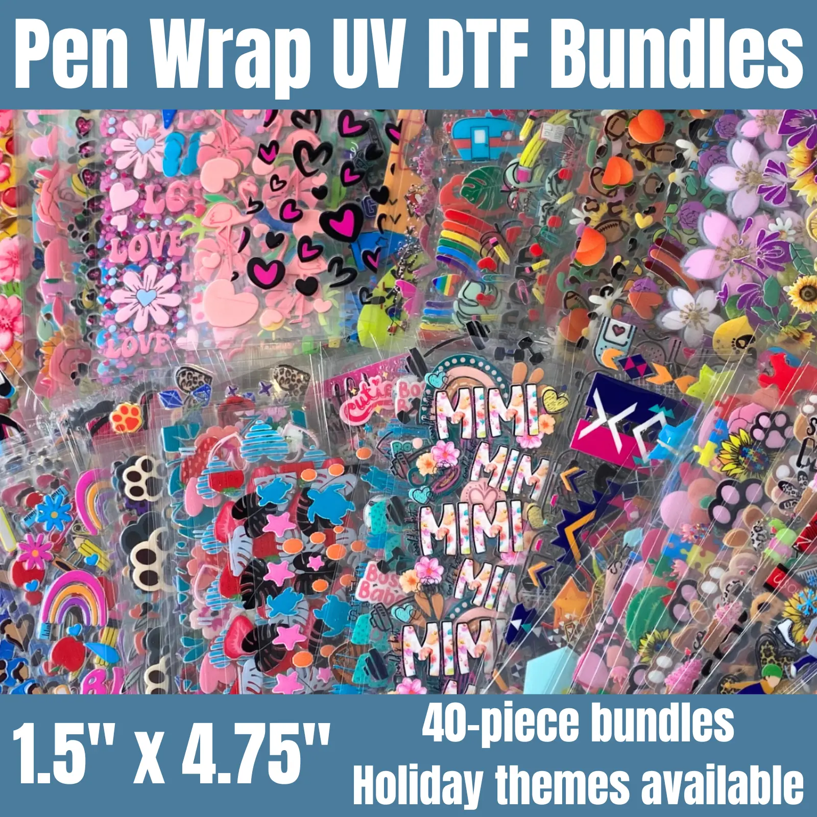 Pen Wrap UV DTF Bundles, 40 pieces, Pen Stickers, Small UV DTF Decals, Holiday Pen Wraps