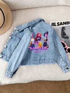 Girls' Casual Fashion Denim Jacket, Sweet Cool Kpop Girl Group Print, Letter Jacket, Comfortable Fit, Suitable for School and Dates, Ages 12 and Under