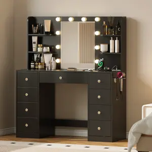 [Summervibes] Must-Have Vanity Desk with Mirror Lights | 9 Drawers, 6 Shelves & Power Outlet - 3 Color Modes 10 LED Bulbs Dressing Table, Perfect Gift for Daughter, Wife & Mom