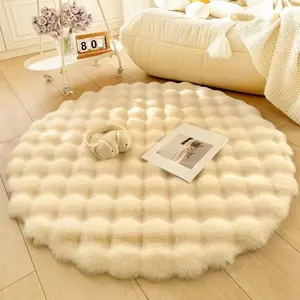 One Solid Color, Cream-colored, Faux Rabbit Fur, Bubble Fleece, and Short Plush Round Decorative Rug Mat. Suitable for Living Room, Bedroom, Sofa Bed, Cloakroom, and Other Decorative Floor Mats.