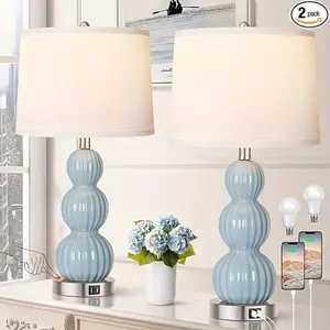 2024 Table Lamps for Bedroom Set of 2, 26.5" Bedside Lamps for Living Room with USB Ports Touch Control, Modern Blue Ceramic Nightstand Lamp White Shade Home Decor (LED Bulb Included)