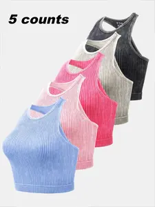 Women's Seamless Ribbed Sports Crop Top, Slim Fit U Neck Backless Racerback Yoga Tank, Casual Spring & Fall Workout Wear