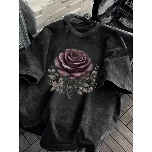 Vintage Rose Graphic Washed Black Oversized Sweatshirt Cozy Fleece Crewneck Streetwear Unisex Top Soft Comfy Pullover For Fall Winter Everyday Outfits