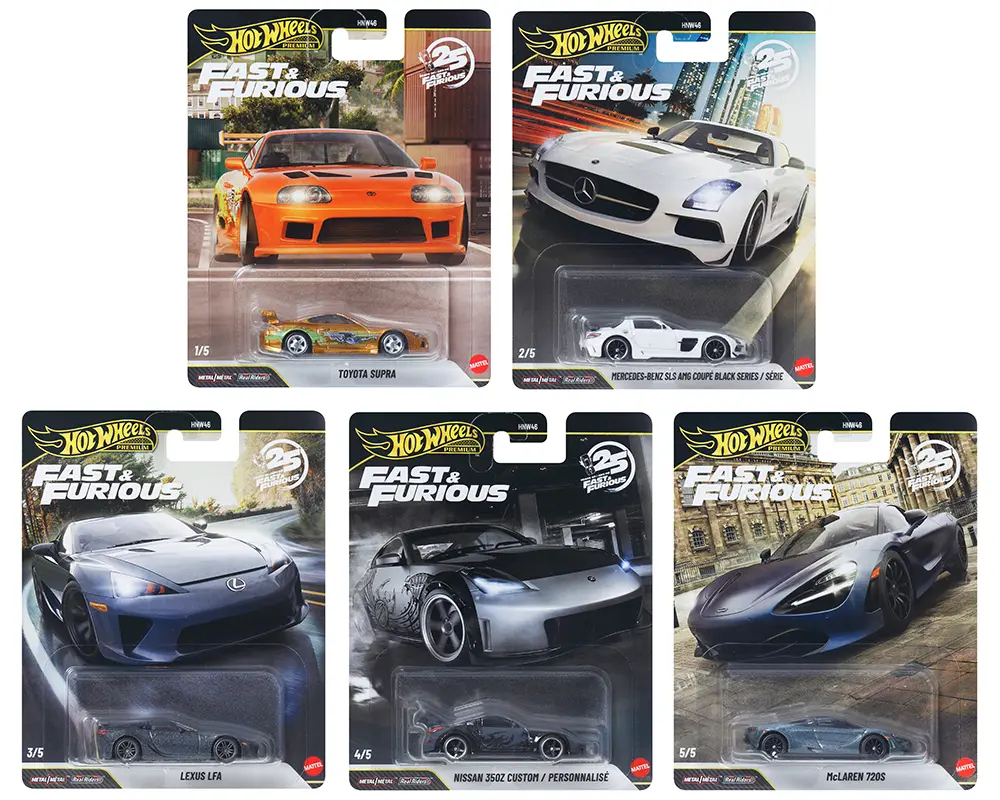 Hot Wheels Premium 2026 Fast & Furious 25th Anniversary Diecast Metal 5-Car Set, Including 1:64 Scale Toyota Supra Chase Car, HNW46-956R