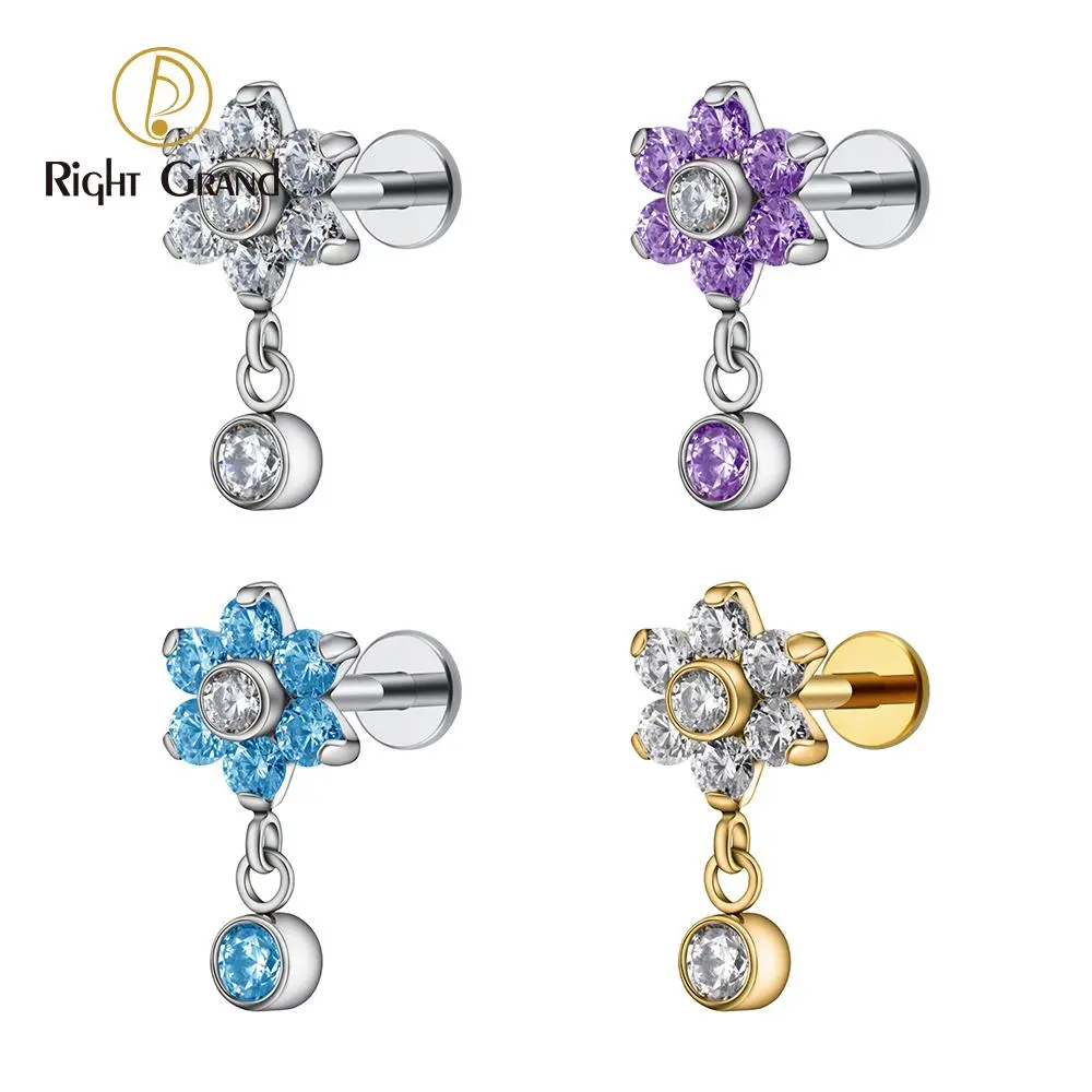 Right Grand ASTM F136 Titanium 16G Flower CZ Drop Dangle Flat Earring Tragus Helix Lobe Stud Piercing Jewelry