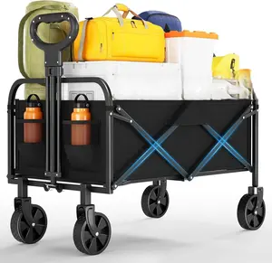 Collapsible Camping Wagon Cart with Foldable Structure - 600D Oxford PVC-Coated Fabric, Steel Square-Tube Frame, 5-Inch PVC Wheels, 73x46.5x89.5cm Unfolded Size, 65x49.5x14cm Folded Size, 4.6Kg Lightweight, for Outdoor & Beach Use