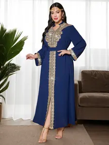 Arabian Dubai Embroidered Dress with Rhinestones, Muslim Party Evening Gown, Muslim Women Gowns, Long Robe for Eid Al-Adha, Elegant Arabic Fashion, Modest Style Dress