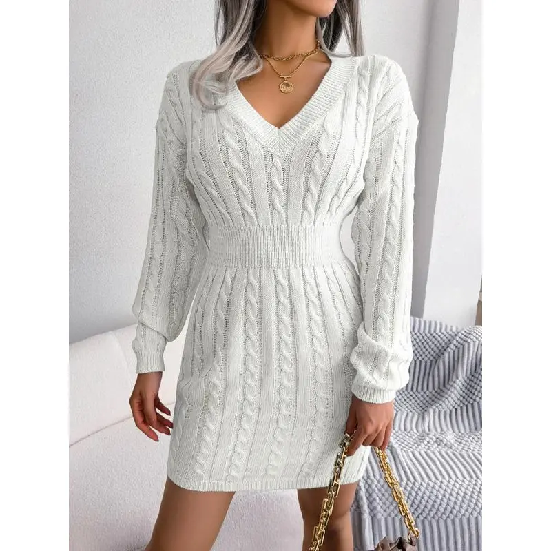 Women's Solid Textured Sweater Dress - Long Sleeve V Neck Cable Knit, Drop  Shoulder Comfort Fit - TikTok Shop
