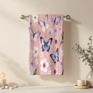1Pc Pastel Fabric with Butterflies and Flowers Bathroom Hand Towel Bath Towel, Multiple Size Microfiber Towel, Ultra-Soft Quick Dry and Absorbent Polyester Large Bath Towel, Unique Home Decorative Kitchen Towels, Fe