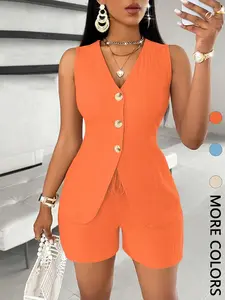 Women's Solid Color Vest Blazer & Drawstring Waist Shorts Two-piece Set, Business Formal for Work Office, Ladies Clothes for All Seasons