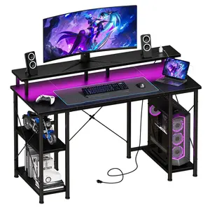 Sweetcrispy Modern Gaming Computer Desk with Monitor Stand, Monitor Mount, 2-Tier Storage Shelves, LED Lights, Power Outlets for Home Office