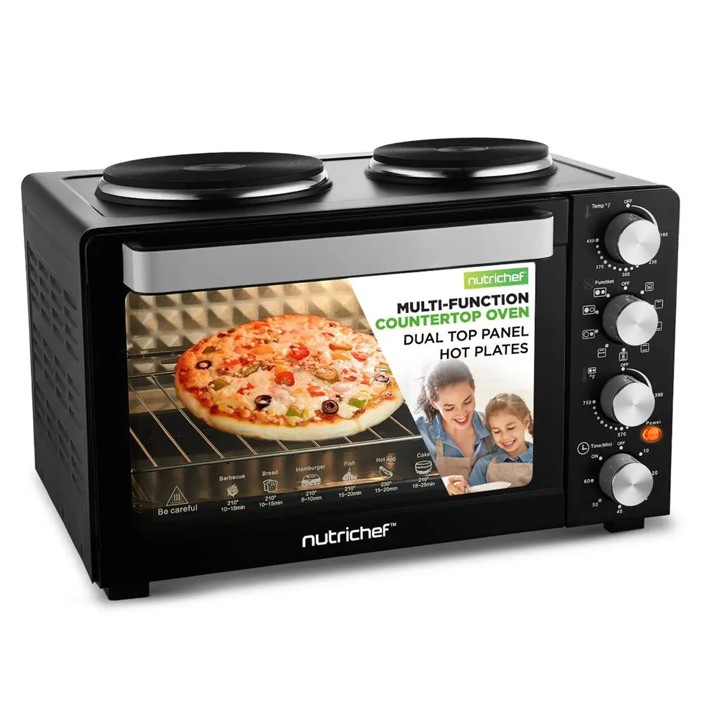 NutriChef 30QT Countertop Convection Oven - 1500W Multi-Function Electric Cooker with Rotisserie Fork, Dual Top Panel, Knob Control, Grill Rack, Dual Hot Plates for Bake, Grill, Roast - Energy Efficient Kitchen Appliance