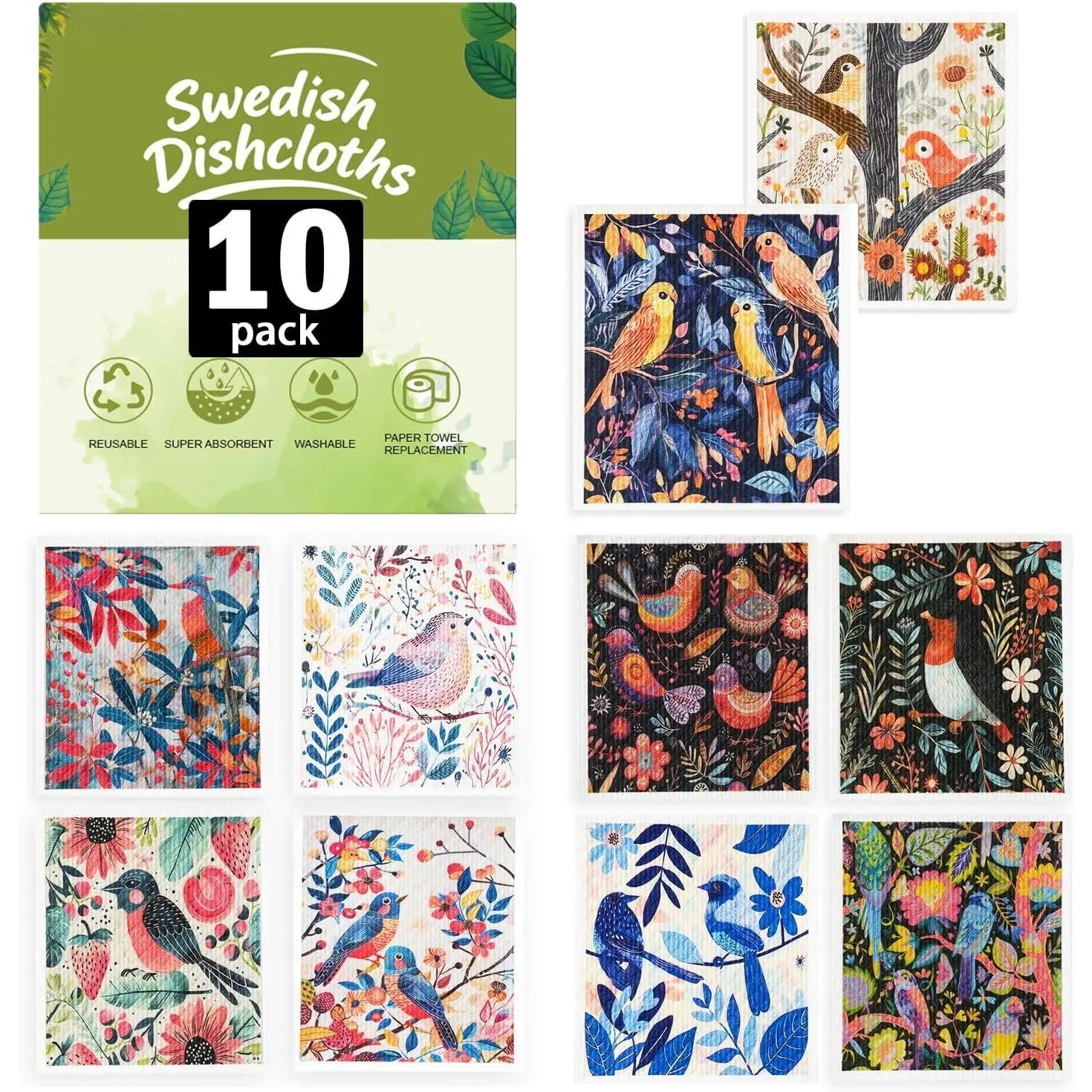 Swedish Dishcloths for Kitchen - 10 Pack Washable &  Dish Rags,Super Absorbent  Towels Washable, Non-Scratch Cellulose Sponge Cloths,Quick Drying, Dishwasher Safe (Bird Flower)