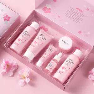 LAIKOU 6pcs/5pcs Sakura Gift Box Skincare Set | Gentle Formula Serum 0.59 Fl.oz, Moisturizer 0.88oz, Eye Cream 0.53oz, Toner 3.52 Fl.oz, Pores Cleanser 1.76oz, Soften Skin Lotion 3.52 Fl.oz