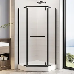 36"D X 36"W X 72"H Neo-Angle Shower Door, Corner Shower Door, 1/4" Tempered Glass With Explosion-Proof Film, Black Stainless Steel Frame