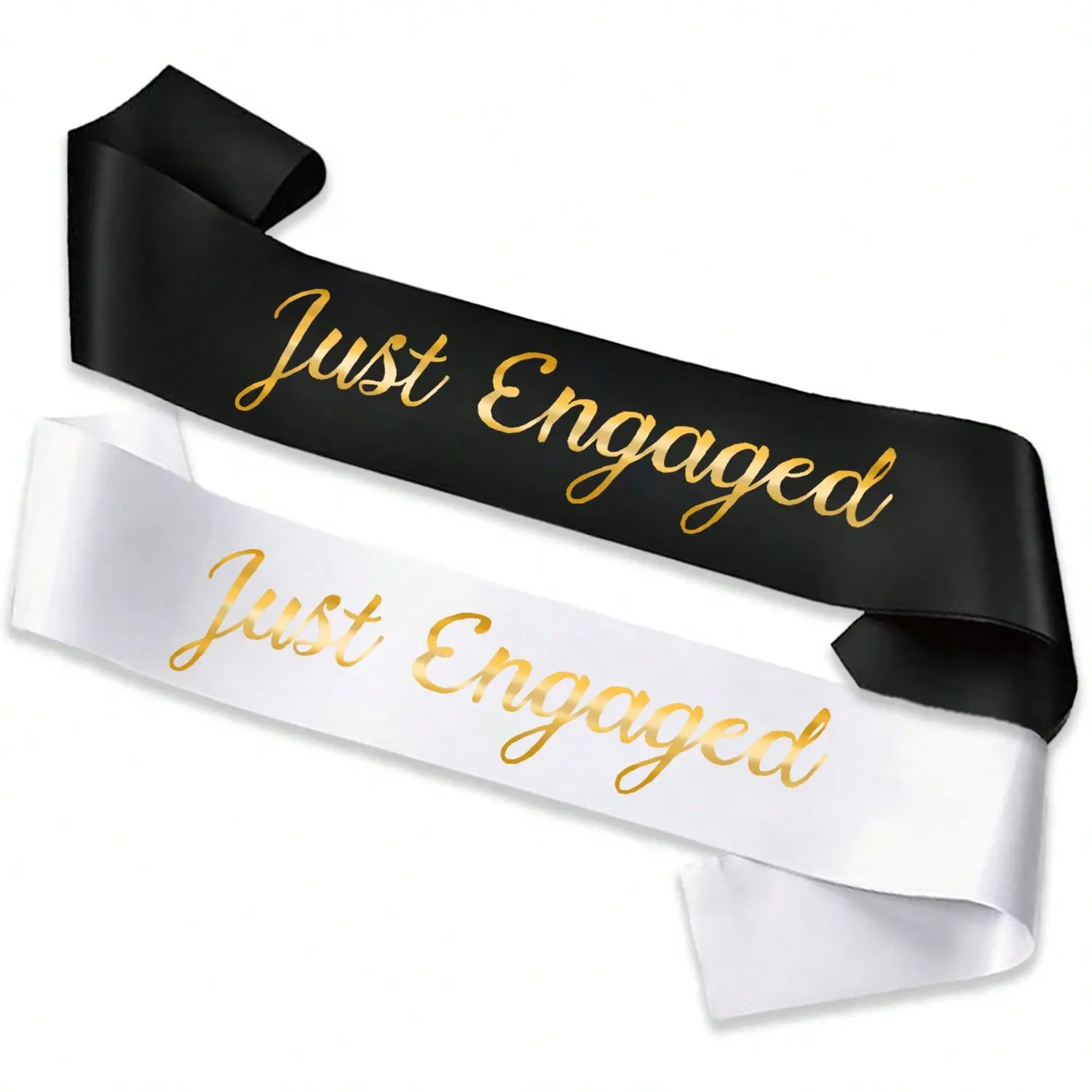 Bridal and groomsman sashes in black and white with gold foil accents, as well as bachelor sashes, suitable for use at bridal gift parties, weddings, bachelor parties, and as engagement gifts for the lucky man and future wife (black and white).