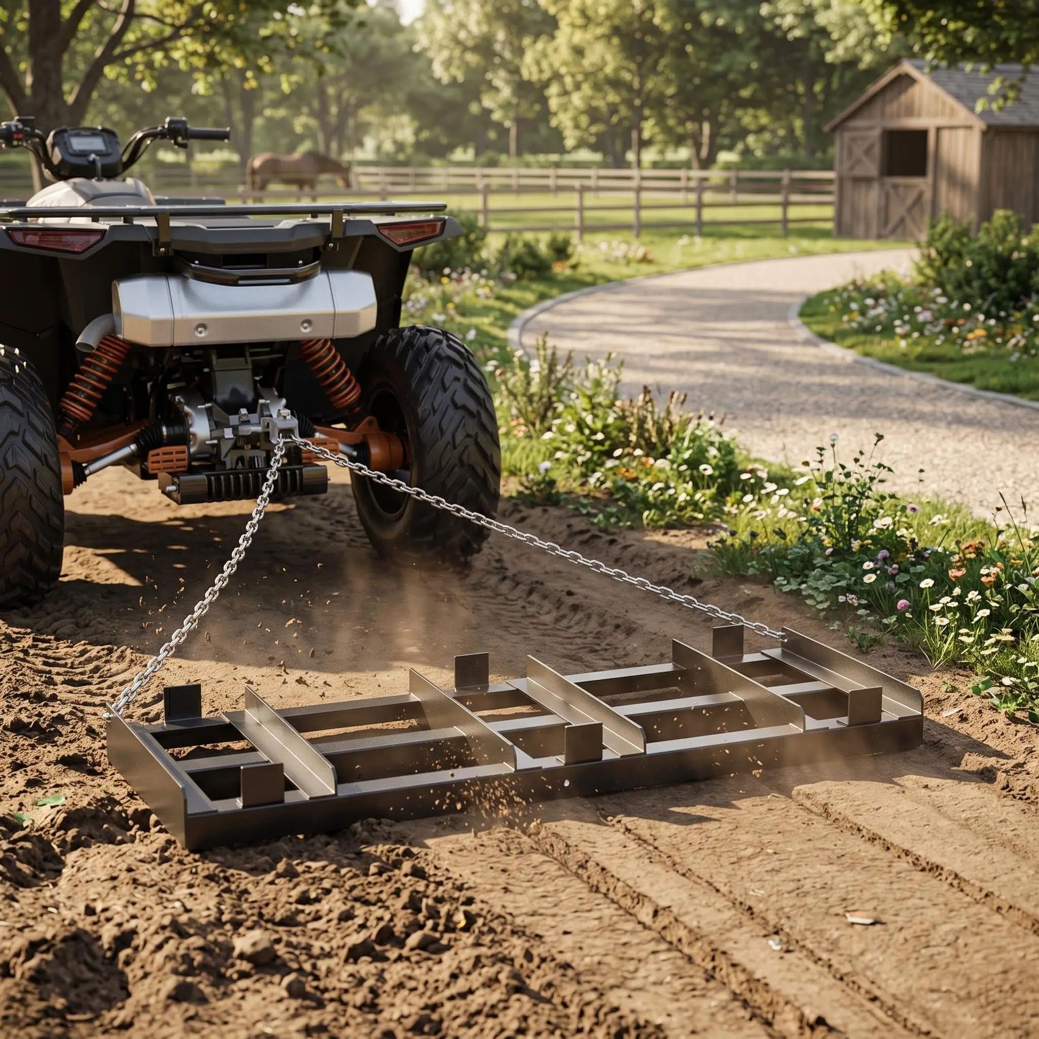 GARVEE Tow-Behind Drag Harrow Driveway Grader for ATV/UTV Tractor - Heavy Duty Steel Frame Lawn Leveler Landscape Rake with 6 ft Chain, Weight Tray, 48x20 in Gray Soil/Gravel Grader