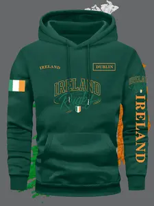 Men's Ireland Flag Graphic Hoodie, Multicolor Geometric Print Pullover, Front Pocket, Fall Winter Casual Sportswear, Comfort Fabric, Casual Pullover Hoodies