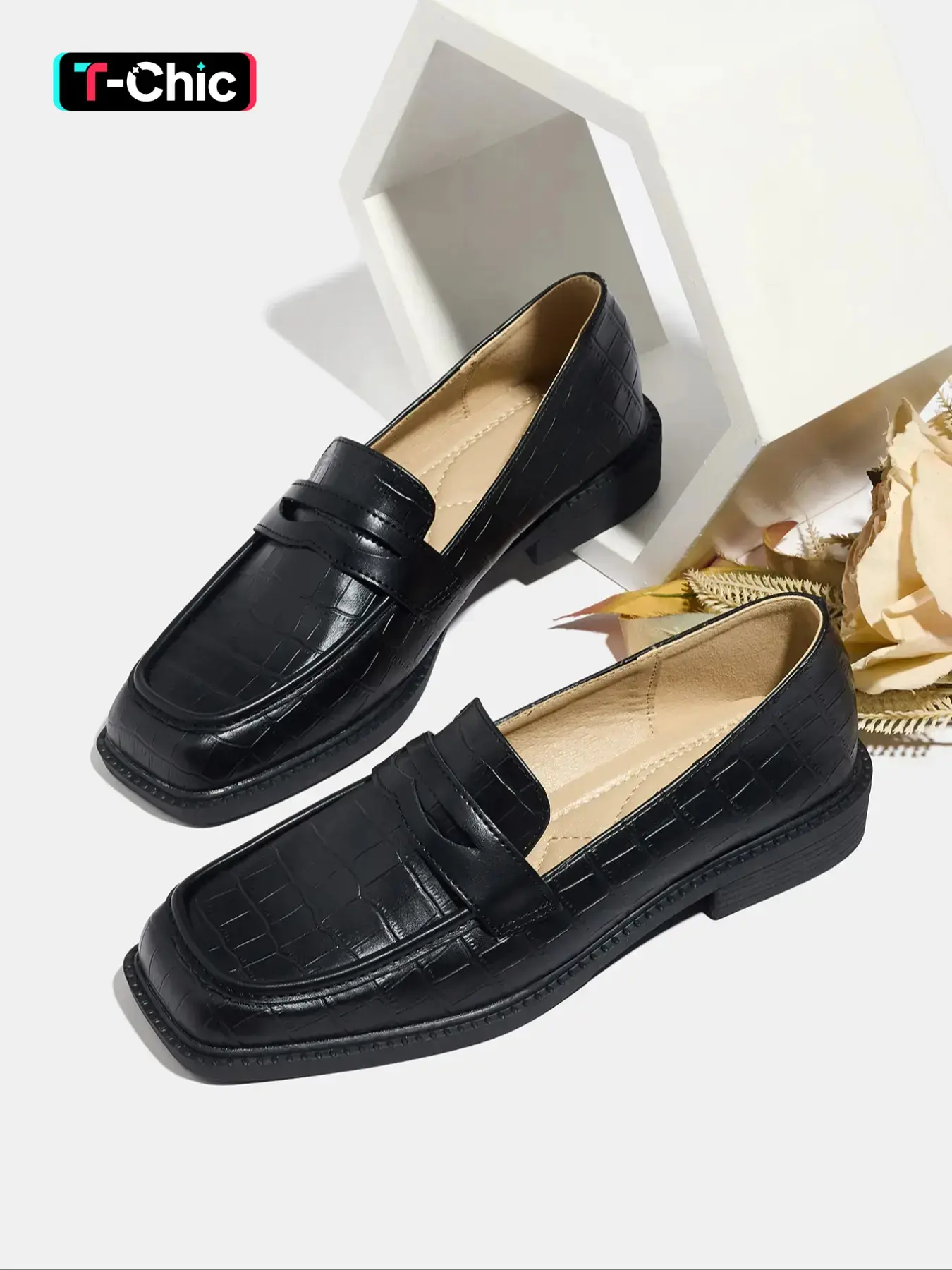 Women's Fashion Fall New Chunky Thick Rubber Sole Square Toe Soft PU Leather Walking Shoes, Slip-On Comfortable Loafers for Work & Casual Wear, Office Shoes, Low Heel Flats, Footwear