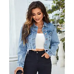 Flap Detail Raw Hem Crop Denim Jacket Fabric Fit Can be used with a raincoat