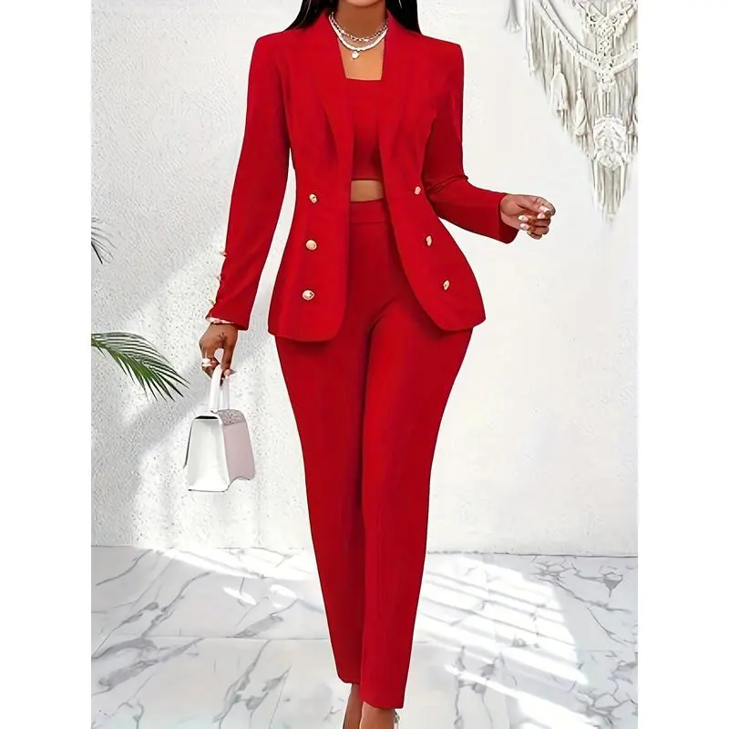 Elegant 3pcs Formal Set - Red Blazer, Crop Top &-Waisted Pants - Polyester & Elastane Blend - Fits Suits, Chic, Long Sleeve, Comfortable Womenswear Button Knit
