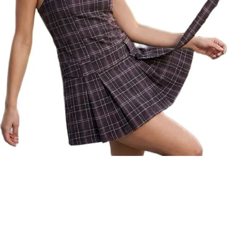 Women's Plum Plaid Skater Dress | Pleated Belted Mini Dress | Preppy Y2K Style