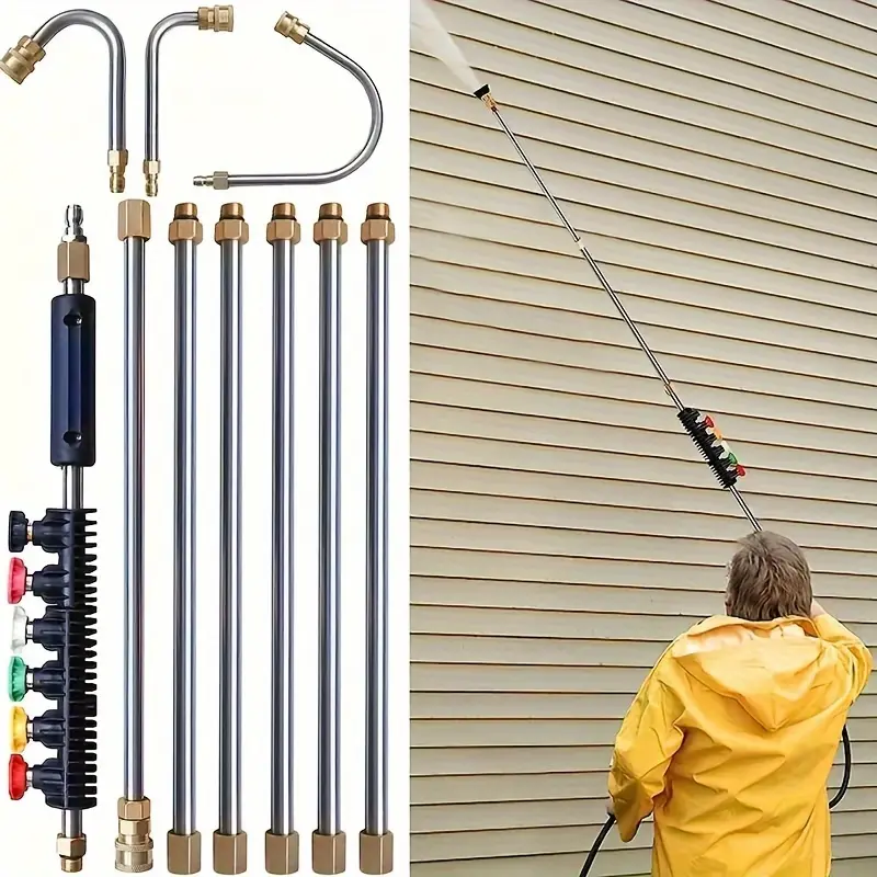 Pressure Washer Extension Wand (10-Pack Power Washer Accessories), Wall Reach Wand with 5 Atomization Nozzle Tips, Curved Rod Gutter Cleaner Attachment for Gutter, Roof Drainage Cleaning, Pressure Washer Accessories