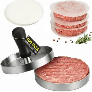 Non-Stick Burger Press with Chicken Shredder 100 Pcs Parchment Paper Included Easy Patty Maker for Perfect Burgers BBQ Grill Kitchen Tool Durable Aluminum Alloy