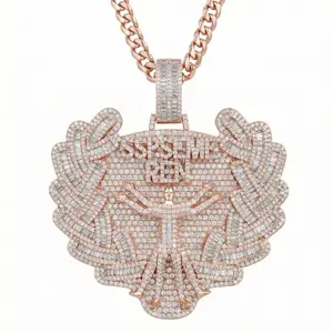 Custom Baguette Winged Vitruvian Man Pendant, Fully Iced Out Angel Medallion, Personalized Hip Hop Name Necklace, 14K Gold Silver Rose