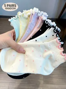 5 Pairs of Women's Ruffled Polka Dot Ankle Socks – Sweet ruffled trim at the cuff paired with cheerful polka dots, ultra-feminine and stylish, matches Mary Janes and ballet flats