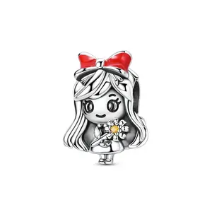 MULA S925 Silver Plated Bowknot Girls Pendant, Cute Cartoon Style Beads, Compatible with Pandora Bracelets and Necklaces, Great Gift for Daughter, Teens, Girls, Birthday, Children's Day