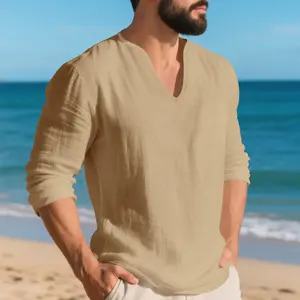 Men’s lightweight V-neck long-sleeve shirt, casual linen-feel beach top, breathable and soft, loose and comfortable—ideal for summer vacations; perfect for travel, everyday wear, and outdoor activities. Men’s casual long-sleeve V-neck shirt, breathable li