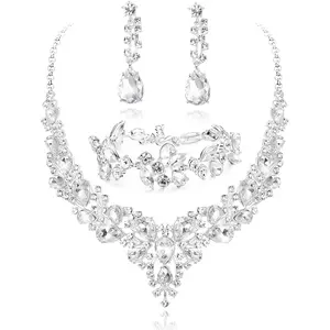 FINREZIO 4 Pcs Silvery Gorgeous Bridal Jewelry Set for Women Men Glamorous Teardrop Cubic Zirconia V-Neck Necklace Dangle Earrings Bracelet Sparkly Alloy Wedding Prom Jewelry Set for Brides Parties Gift Giving