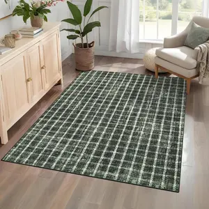 【Christmas Gift】5x7 Runner Rug Washable Non Slip Kitchen Rugs Geometric Checkered Print ， Modern Throw Carpet for Home Office, Green