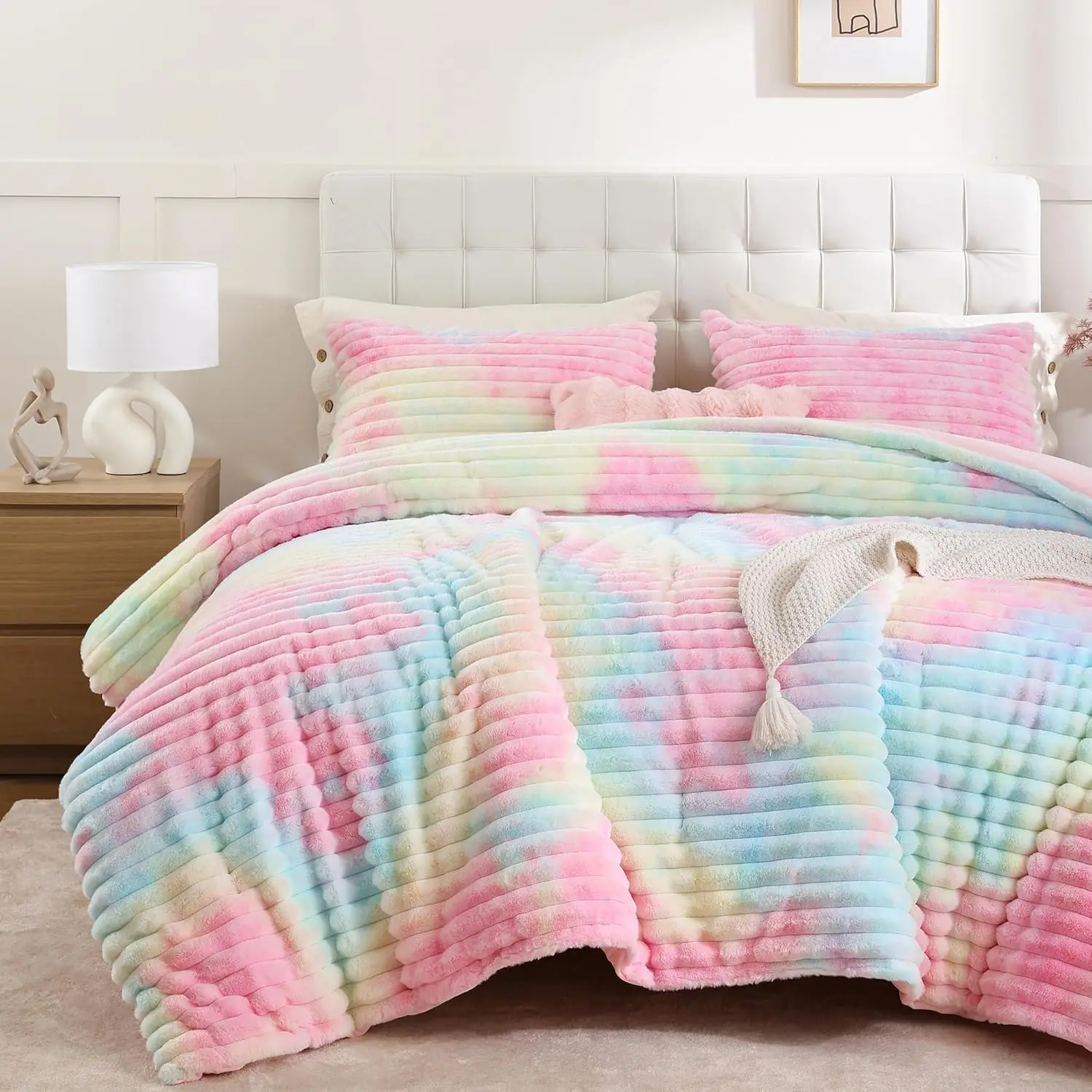 Fluffy Full Size Comforter Sets 3 - Rainbow Fluffy Comforter, Fuzzy Full, Comforter Full Size, Heavy Faux Fur Comforter with 2 Pillow Cases