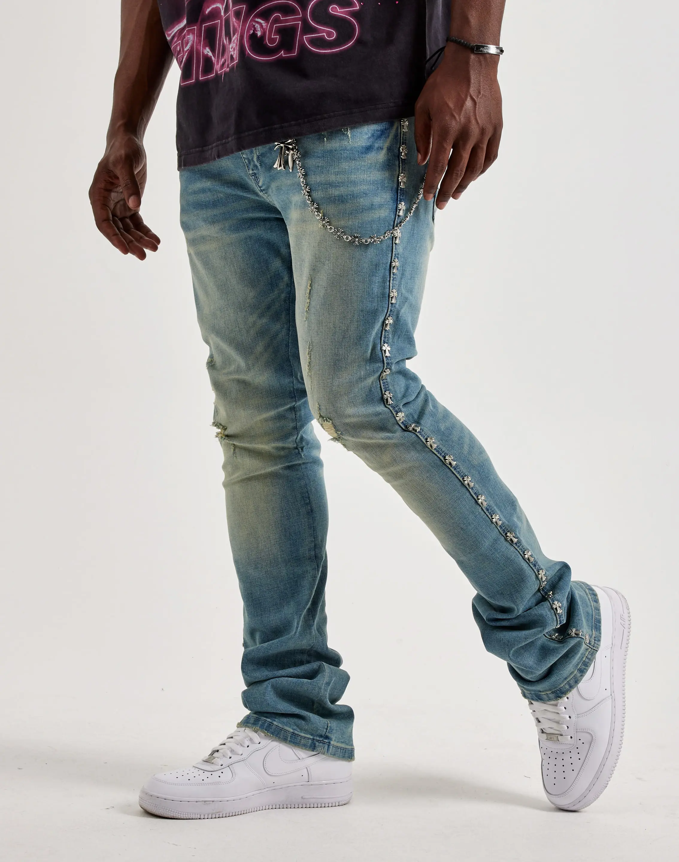Mens Kilogram Silver Cross Chain Rivet Distressed Slim Denim Jeans