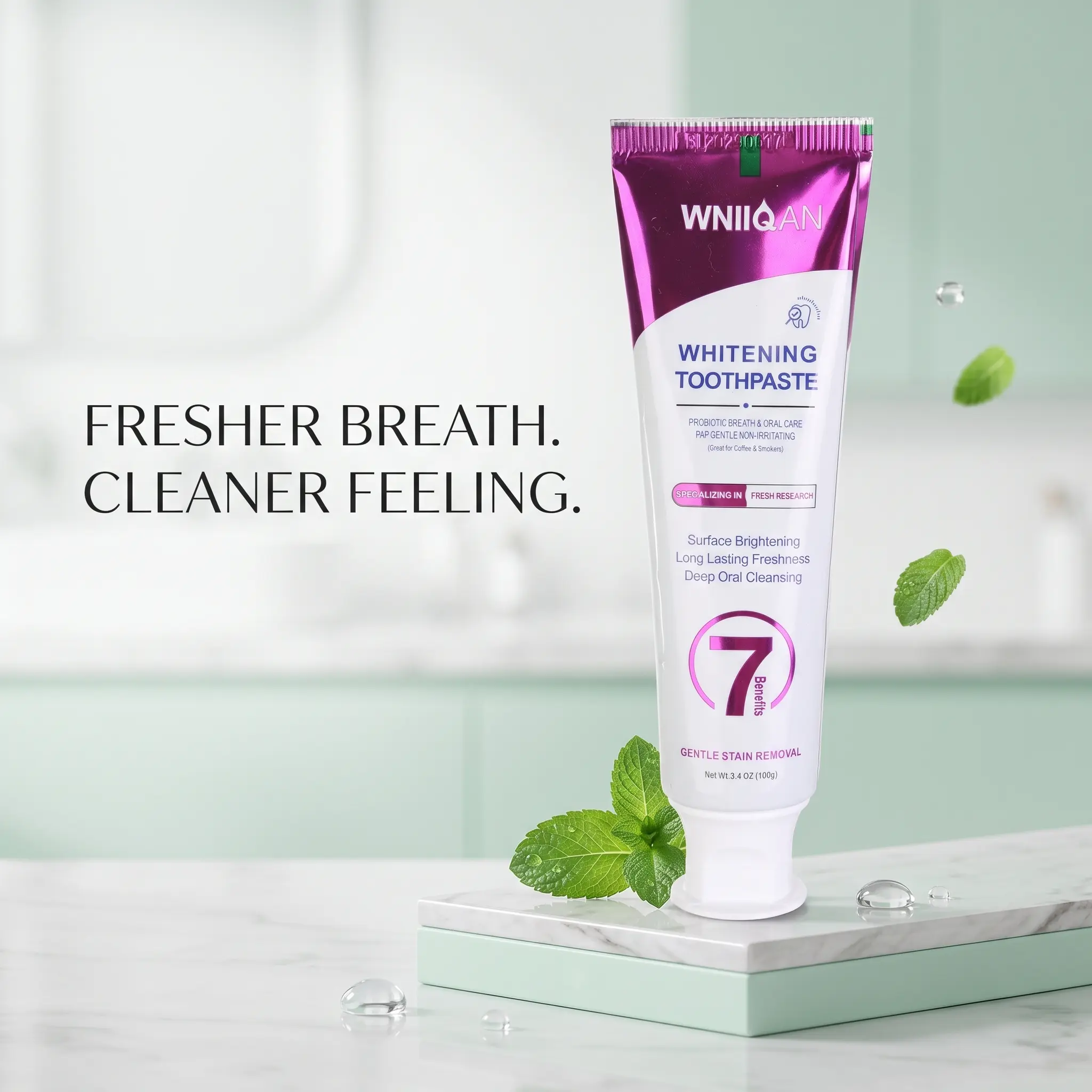 WNIIIQAN Purple Stain Dental Whitening Gel Toothpaste - 3.4oz Fluoride-Free Probiotic Gentle Mint, Daily Coffee & Tea Stain Removal, Fresh Breath, Advanced Repair, Oral & Breath Care Minty Toothpastes