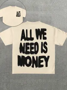 1 Piece Men’s Slogan T-Shirt, Beige ‘All We Need Is Money’ Graphic Print Front & Back, Regular Fit Streetwear For Urban Fashion