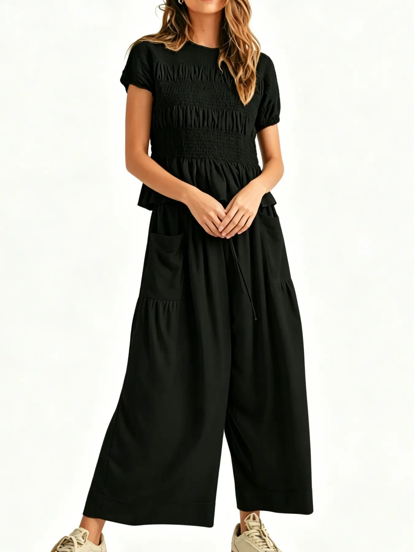 Women's Fashion Casual High-End Minimalist Textured Cotton Ruffled Short Sleeve Two-Piece Set, with waist-cinching ruffles and a flowing wide-leg pant design, perfect for summer, vacations, indoor, and outdoor wear Knitted Set