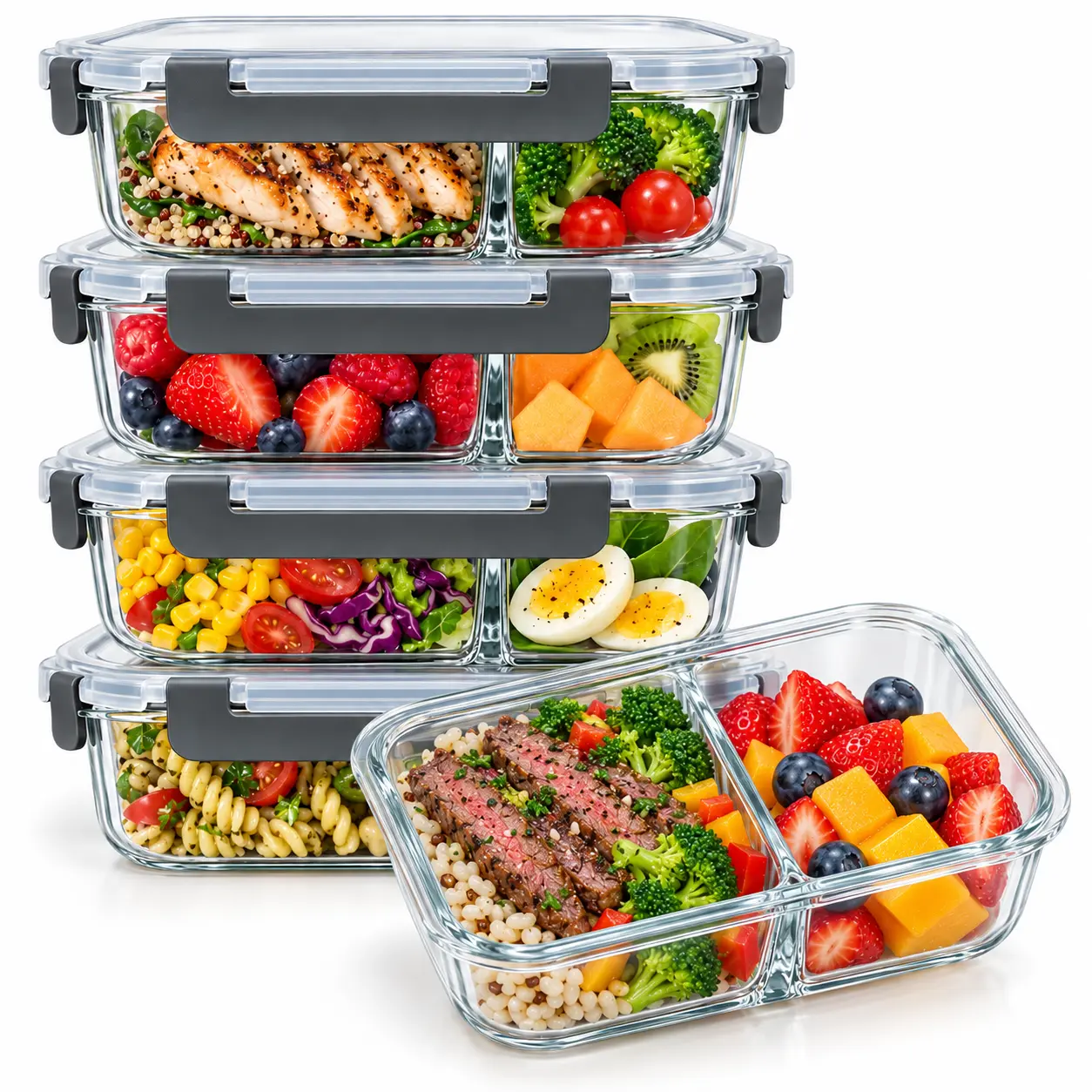 5-Pack Reusable Borosilicate Glass Meal Prep Containers - Rectangular, 36 oz (8in×6.5in×3in), Leakproof, Airtight Silicone Stretch Lids, Stackable, Crystal-Clear, Maintains Freshness, Dishwasher-Microwave-Oven-Freezer Safe Kitchen Preserving Accessories